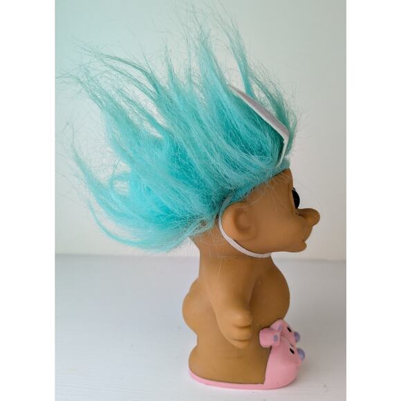 VTG Russ Easter Bunny Troll Doll 5" Girl Pink Bunny Slippers Ears Blue Hair - Picture 4 of 6